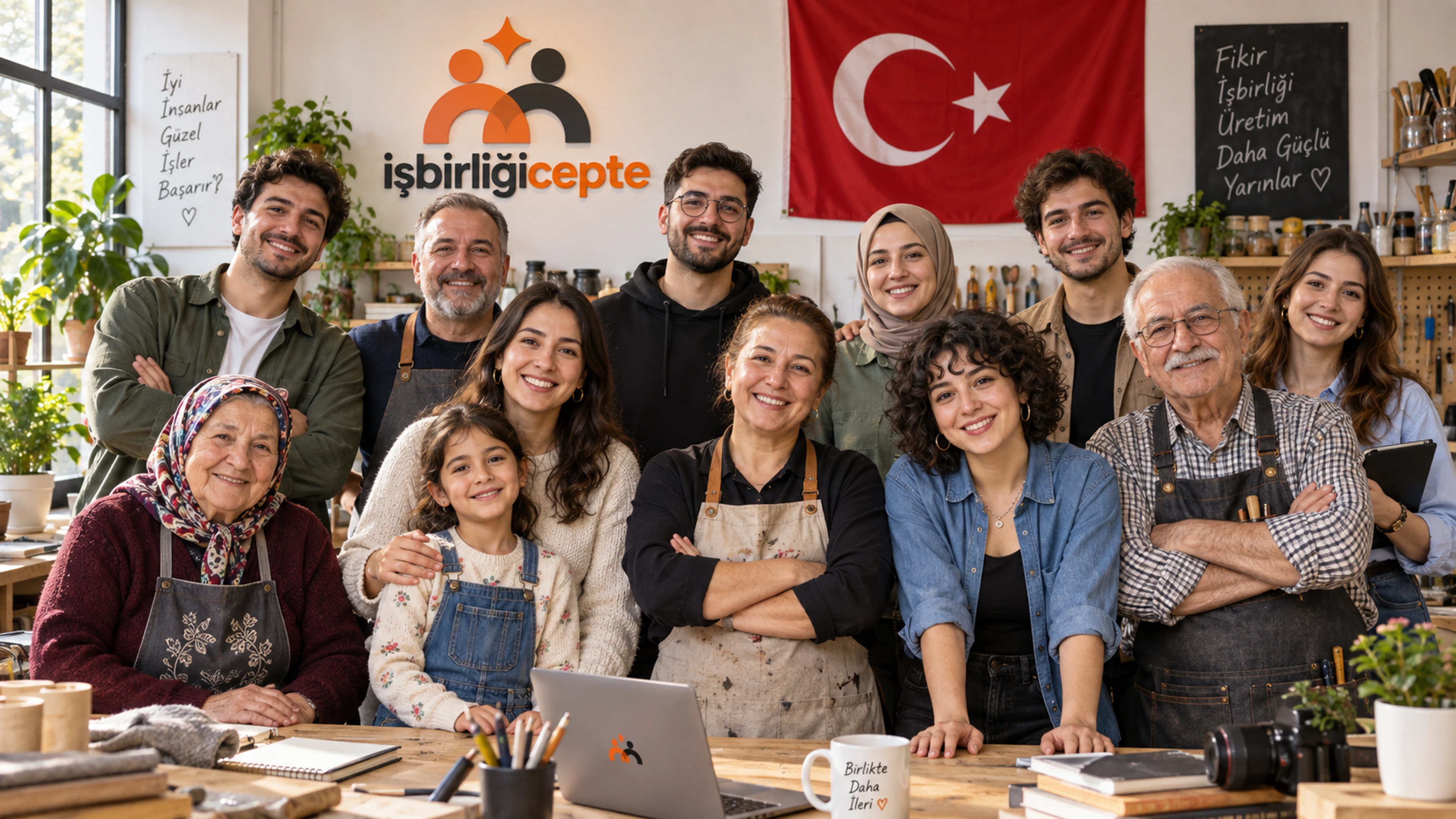 İşbirliğiCepte logosu ve Türk bayrağı önünde farklı yaşlardan 12 kurgusal AI modelinden oluşan topluluk
